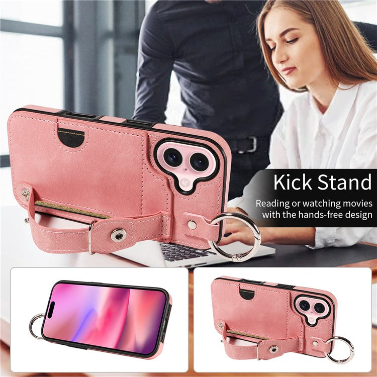 008 For iPhone 16 Case Wristband Kickstand PU Leather TPU Phone Cover - Pink