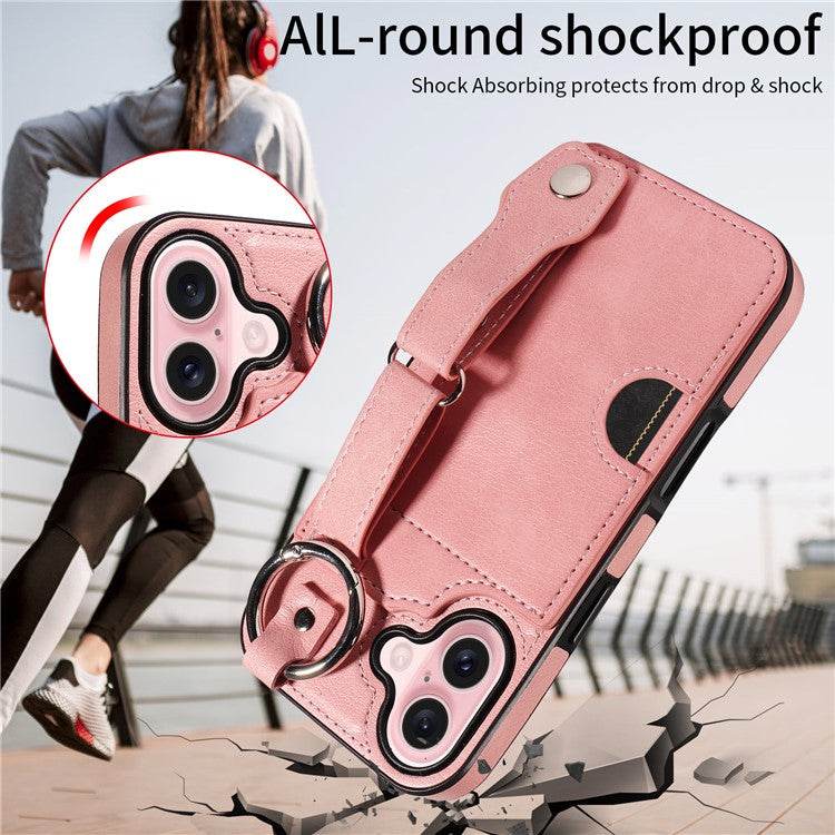 008 For iPhone 16 Case Wristband Kickstand PU Leather TPU Phone Cover - Pink