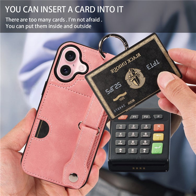 008 For iPhone 16 Case Wristband Kickstand PU Leather TPU Phone Cover - Pink