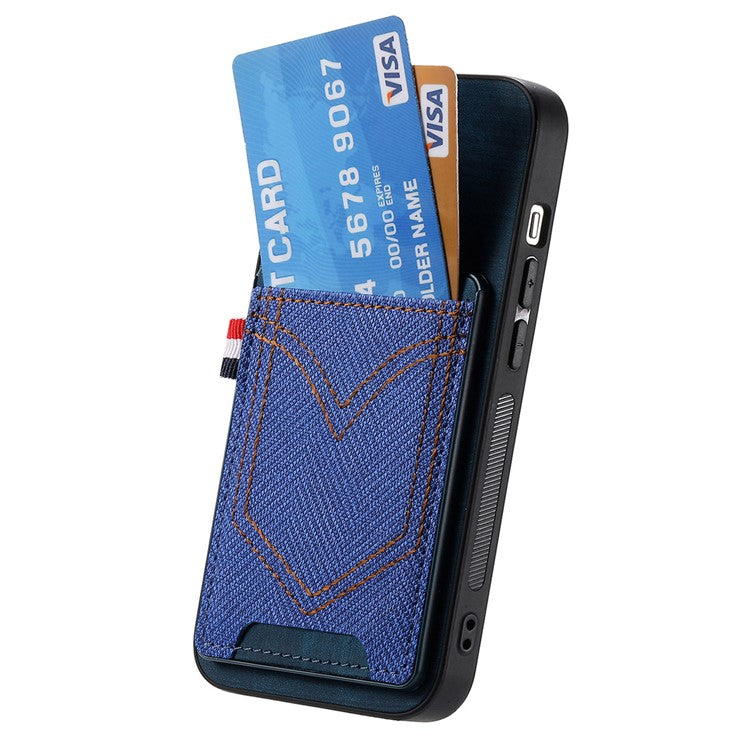 For iPhone 16 Plus Phone Case Retro Jean Cloth Texture Leather TPU Card Holder - Blue