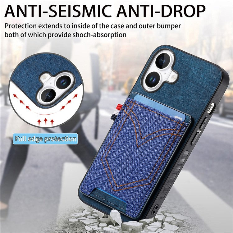 For iPhone 16 Plus Phone Case Retro Jean Cloth Texture Leather TPU Card Holder - Green