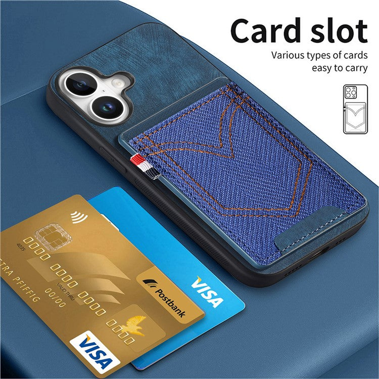 For iPhone 16 Plus Phone Case Retro Jean Cloth Texture Leather TPU Card Holder - Green
