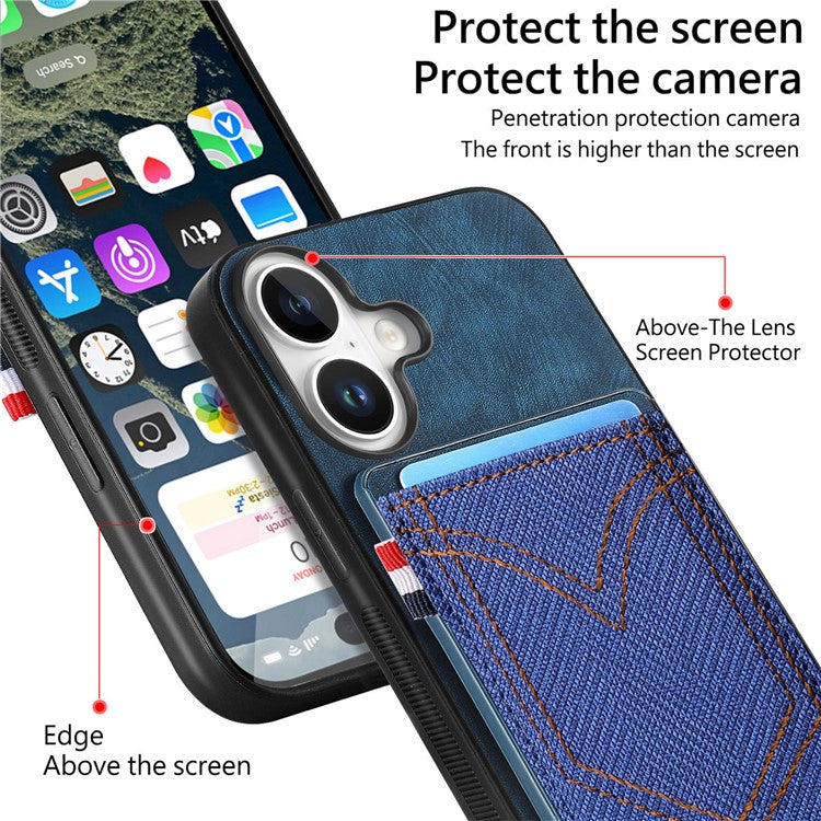 For iPhone 16 Plus Phone Case Retro Jean Cloth Texture Leather TPU Card Holder - Green