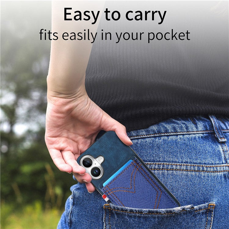 For iPhone 16 Plus Phone Case Retro Jean Cloth Texture Leather TPU Card Holder - Green