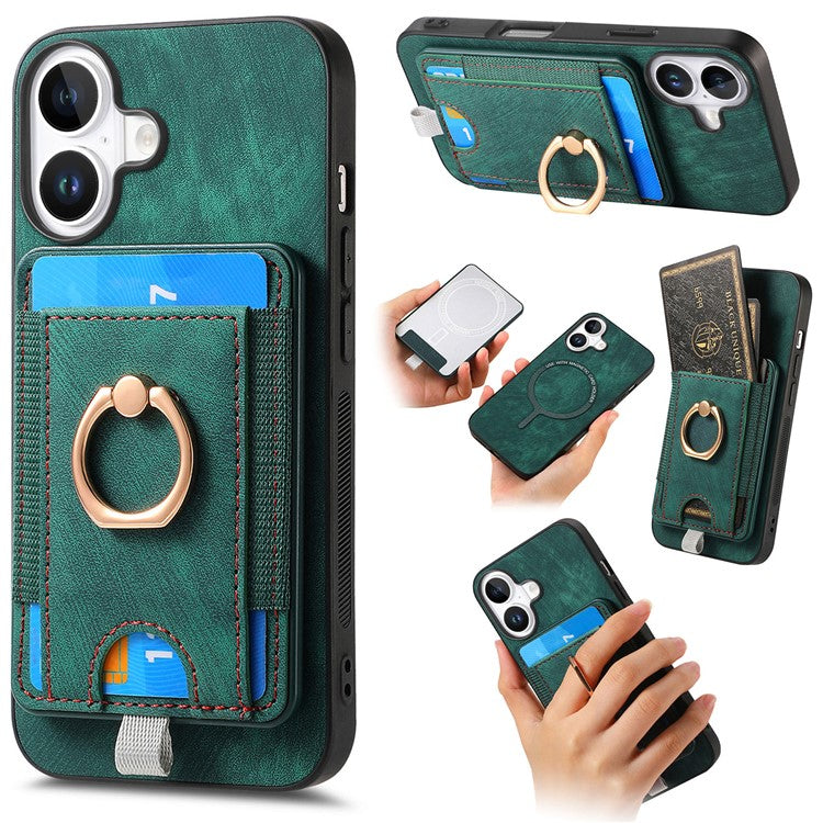 D7 For iPhone 16 Plus Magnetic Case Card Holder Ring Kickstand PU Leather Phone Back Cover - Green