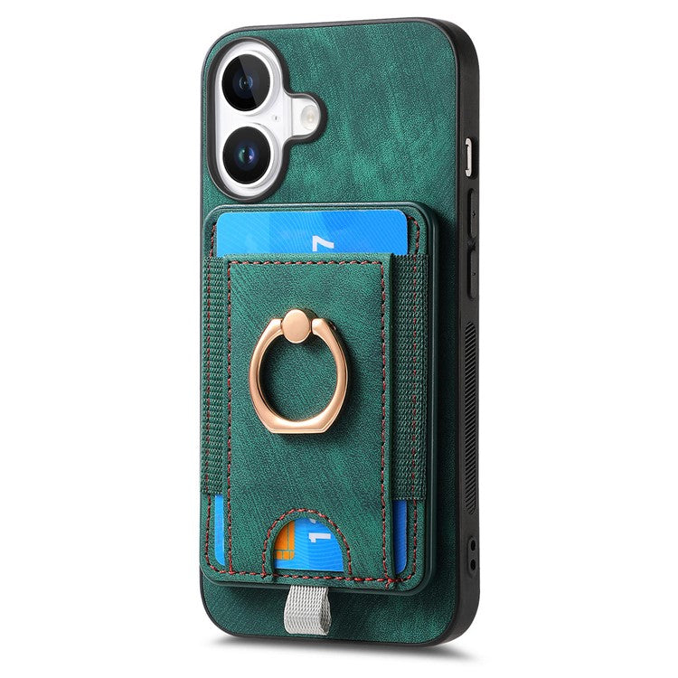 D7 For iPhone 16 Plus Magnetic Case Card Holder Ring Kickstand PU Leather Phone Back Cover - Green