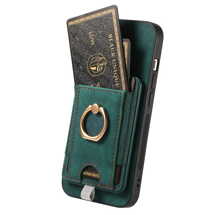 D7 For iPhone 16 Plus Magnetic Case Card Holder Ring Kickstand PU Leather Phone Back Cover - Green