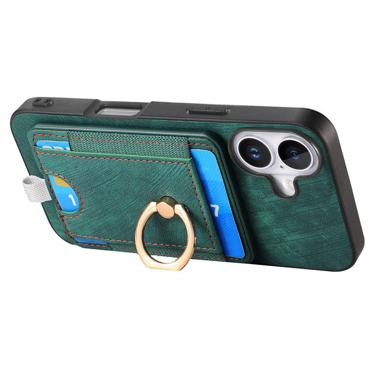 D7 For iPhone 16 Plus Magnetic Case Card Holder Ring Kickstand PU Leather Phone Back Cover - Green