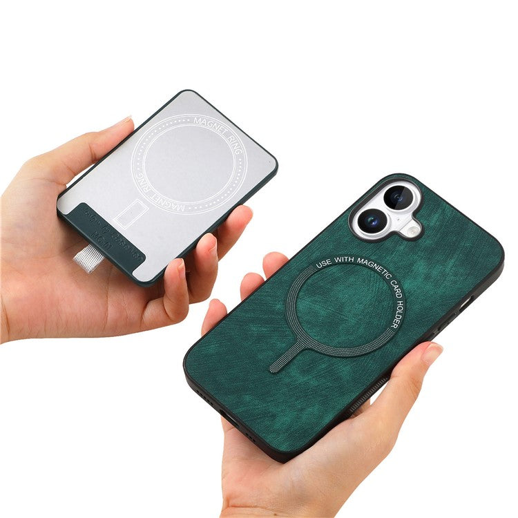 D7 For iPhone 16 Plus Magnetic Case Card Holder Ring Kickstand PU Leather Phone Back Cover - Green