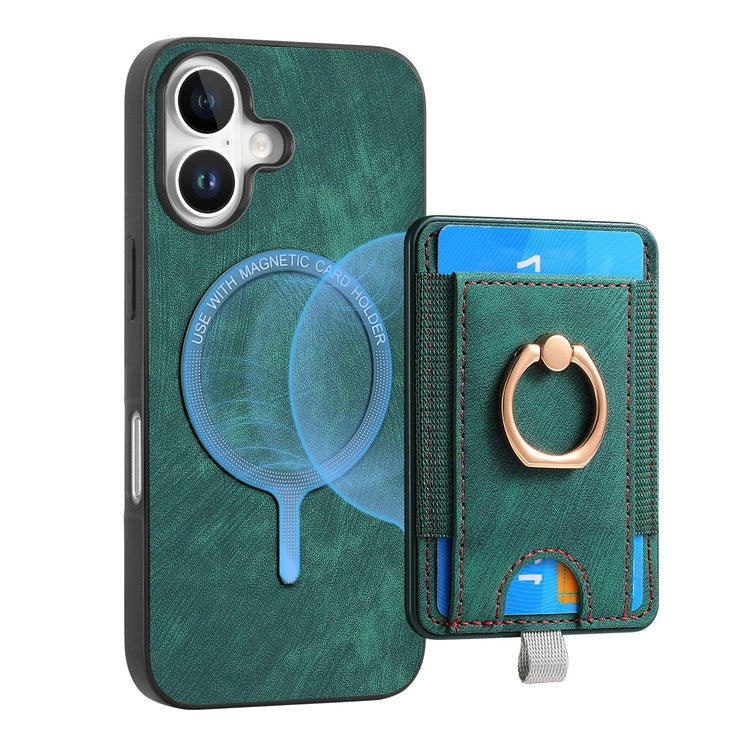 D7 For iPhone 16 Plus Magnetic Case Card Holder Ring Kickstand PU Leather Phone Back Cover - Green