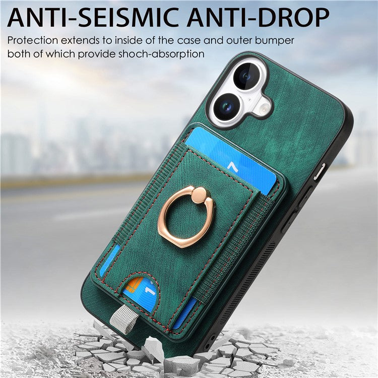 D7 For iPhone 16 Plus Magnetic Case Card Holder Ring Kickstand PU Leather Phone Back Cover - Green
