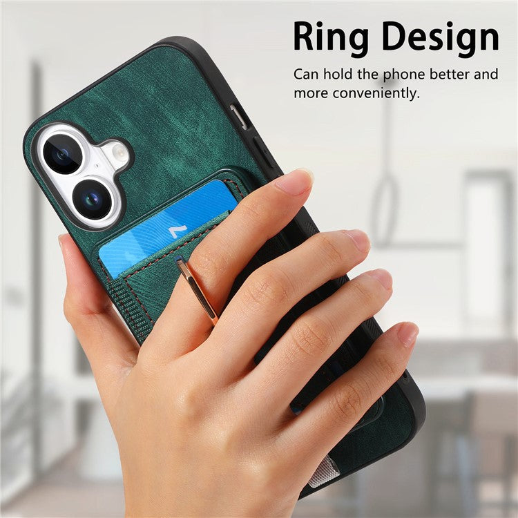 D7 For iPhone 16 Plus Magnetic Case Card Holder Ring Kickstand PU Leather Phone Back Cover - Green