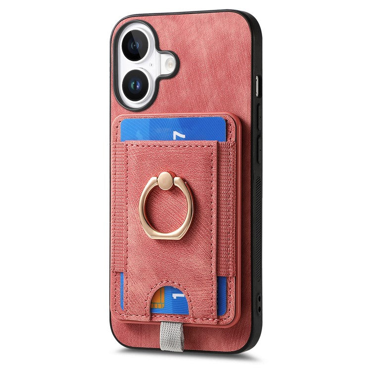 D7 For iPhone 16 Magnetic Case Card Holder Ring Kickstand PU Leather Phone Back Cover - Pink