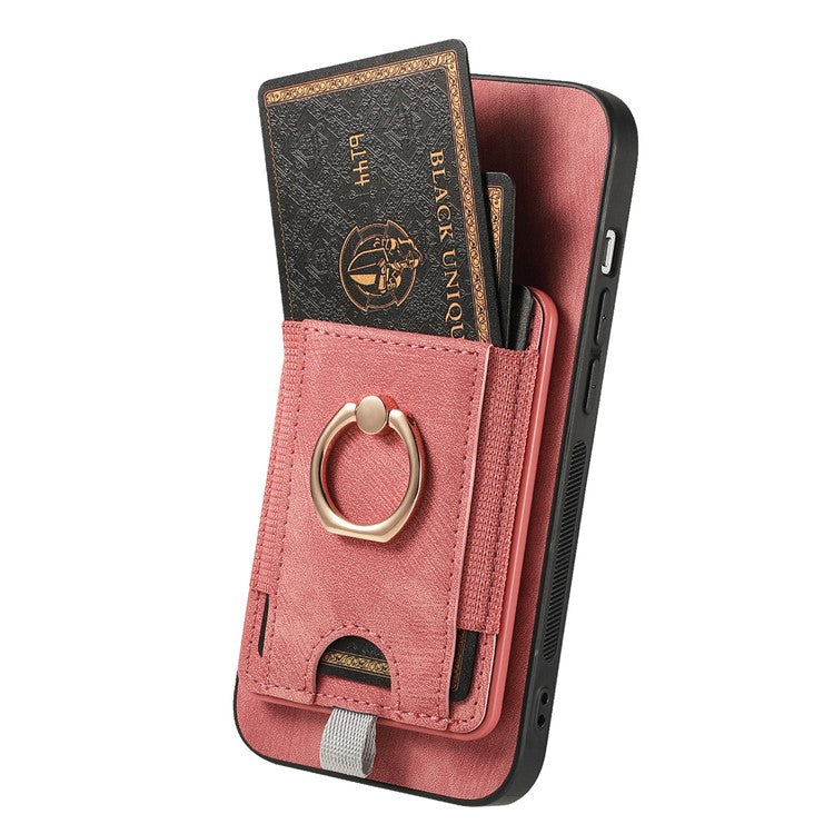 D7 For iPhone 16 Magnetic Case Card Holder Ring Kickstand PU Leather Phone Back Cover - Pink