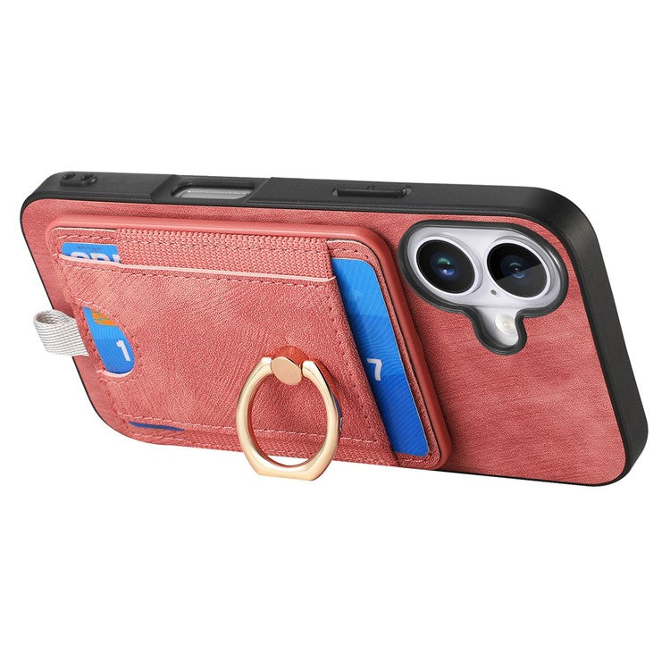 D7 For iPhone 16 Magnetic Case Card Holder Ring Kickstand PU Leather Phone Back Cover - Pink