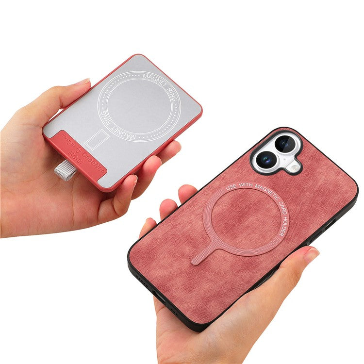 D7 For iPhone 16 Magnetic Case Card Holder Ring Kickstand PU Leather Phone Back Cover - Pink