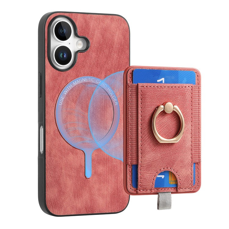 D7 For iPhone 16 Magnetic Case Card Holder Ring Kickstand PU Leather Phone Back Cover - Pink