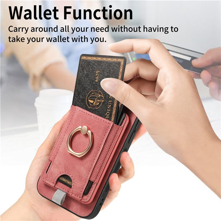 D7 For iPhone 16 Magnetic Case Card Holder Ring Kickstand PU Leather Phone Back Cover - Pink
