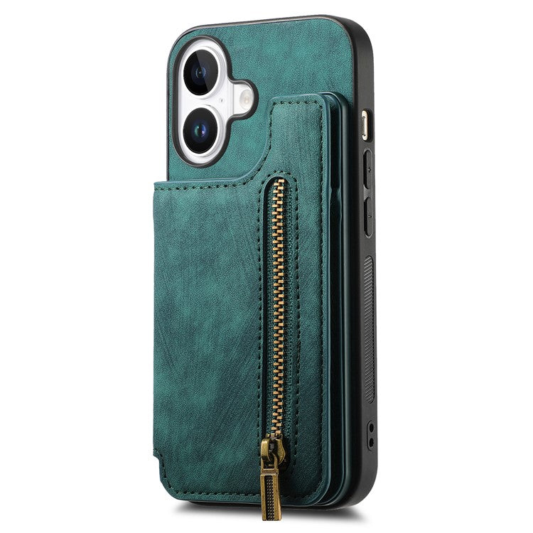 For iPhone 16 Pro Case with Card Holder Retro Leather+TPU Zipper Phone Cover - Green