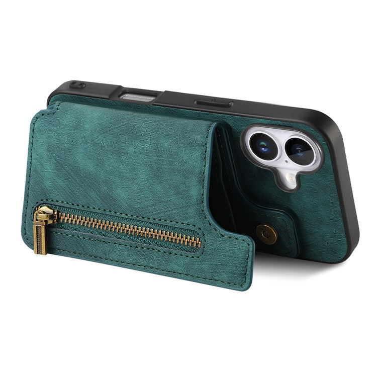 For iPhone 16 Pro Case with Card Holder Retro Leather+TPU Zipper Phone Cover - Green