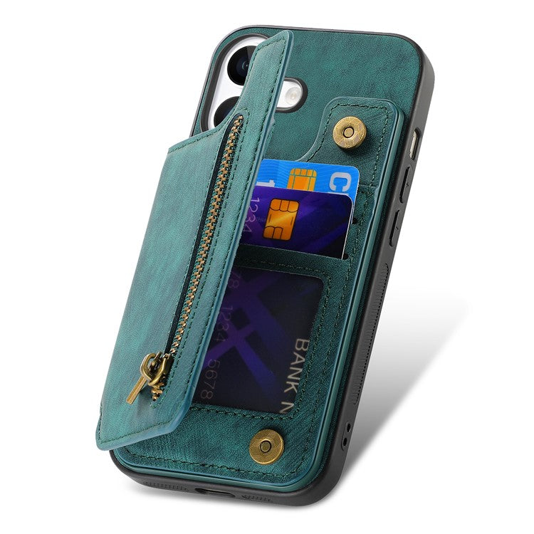 For iPhone 16 Pro Case with Card Holder Retro Leather+TPU Zipper Phone Cover - Green