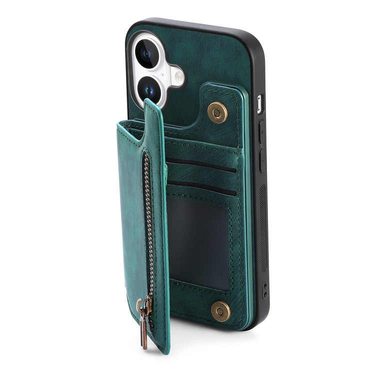 For iPhone 16 Pro Case with Card Holder Retro Leather+TPU Zipper Phone Cover - Green