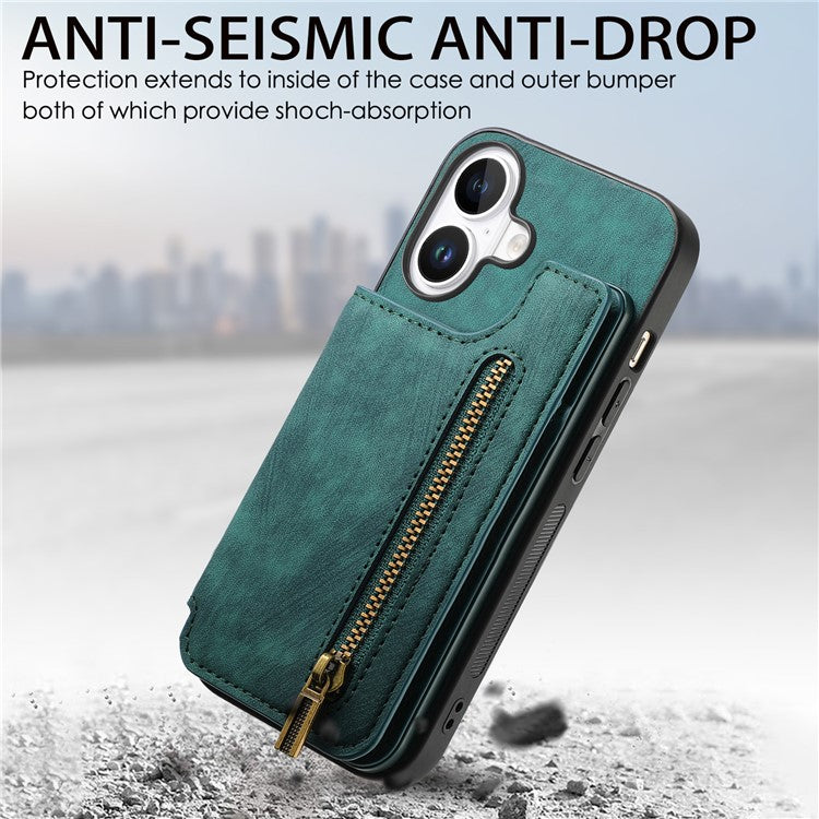 For iPhone 16 Pro Case with Card Holder Retro Leather+TPU Zipper Phone Cover - Green
