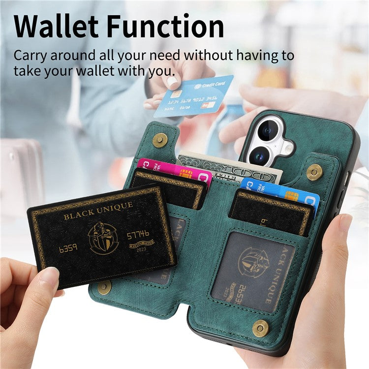 For iPhone 16 Pro Case with Card Holder Retro Leather+TPU Zipper Phone Cover - Green