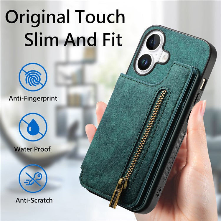 For iPhone 16 Pro Case with Card Holder Retro Leather+TPU Zipper Phone Cover - Green