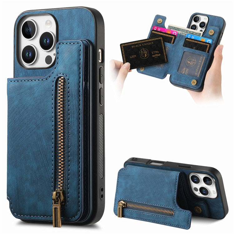 For iPhone 16 Pro Case with Zipper Card Holder Leather+TPU Phone Cover - Blue