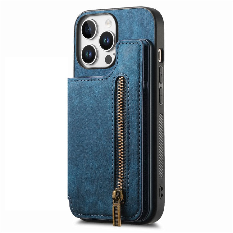 For iPhone 16 Pro Case with Zipper Card Holder Leather+TPU Phone Cover - Blue