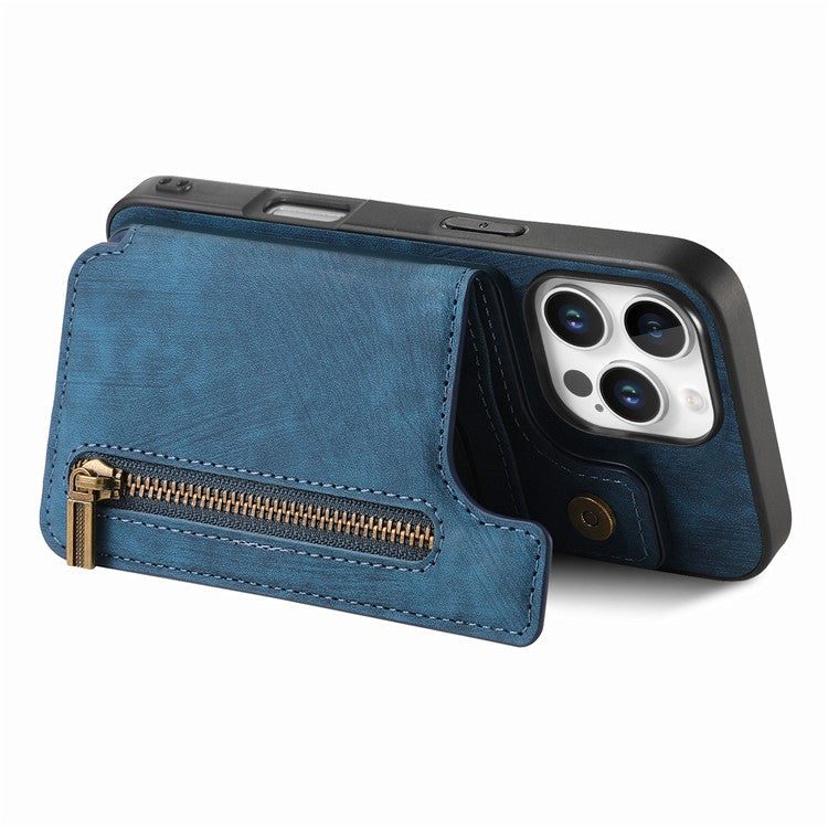 For iPhone 16 Pro Case with Zipper Card Holder Leather+TPU Phone Cover - Blue