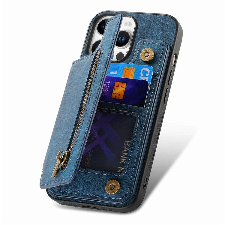 For iPhone 16 Pro Case with Zipper Card Holder Leather+TPU Phone Cover - Blue