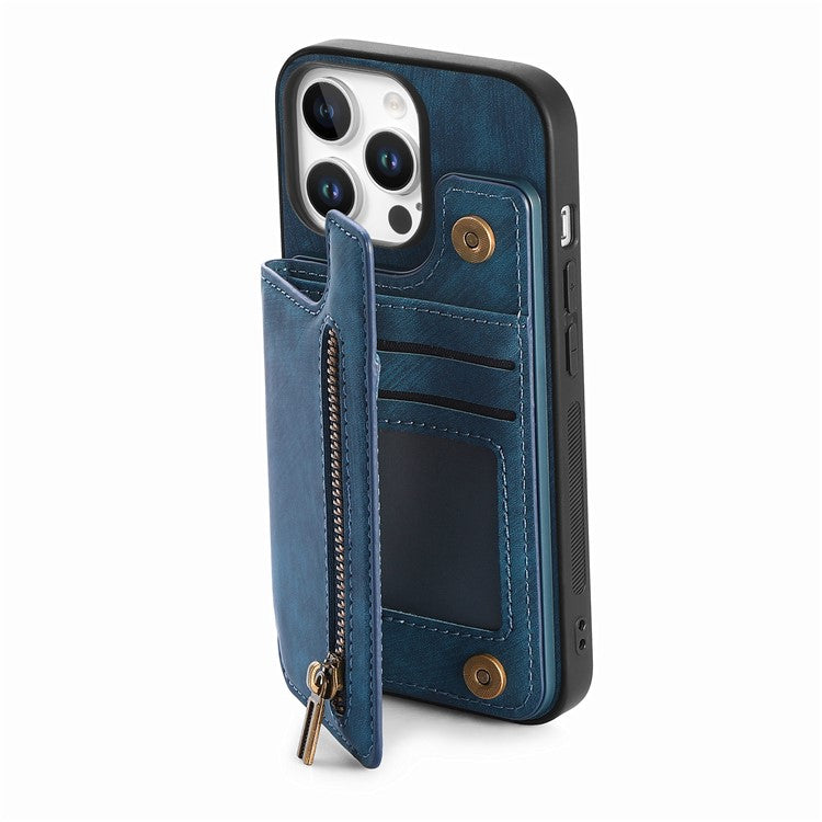 For iPhone 16 Pro Case with Zipper Card Holder Leather+TPU Phone Cover - Blue