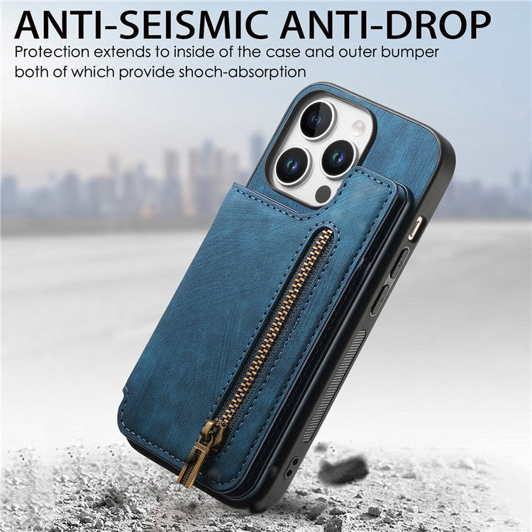For iPhone 16 Pro Case with Zipper Card Holder Leather+TPU Phone Cover - Blue