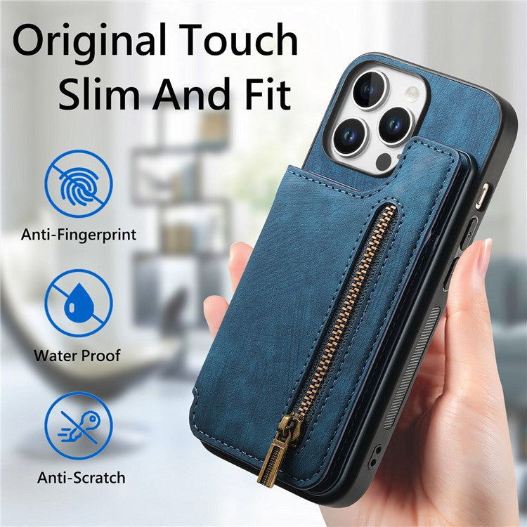 For iPhone 16 Pro Case with Zipper Card Holder Leather+TPU Phone Cover - Blue