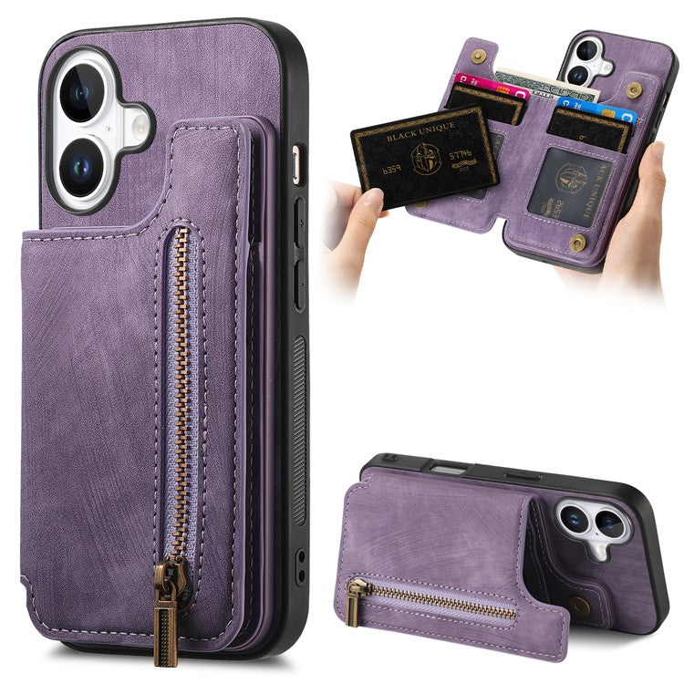For iPhone 16 Case with Zipper Card Holder Leather+TPU Phone Cover - Purple