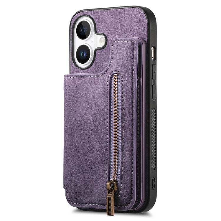 For iPhone 16 Case with Zipper Card Holder Leather+TPU Phone Cover - Purple
