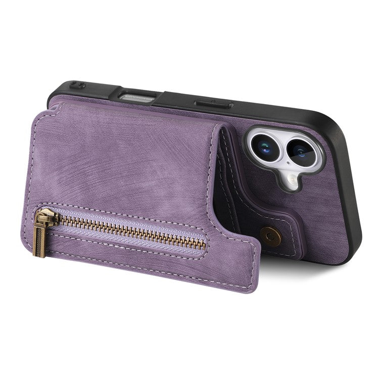 For iPhone 16 Case with Zipper Card Holder Leather+TPU Phone Cover - Purple