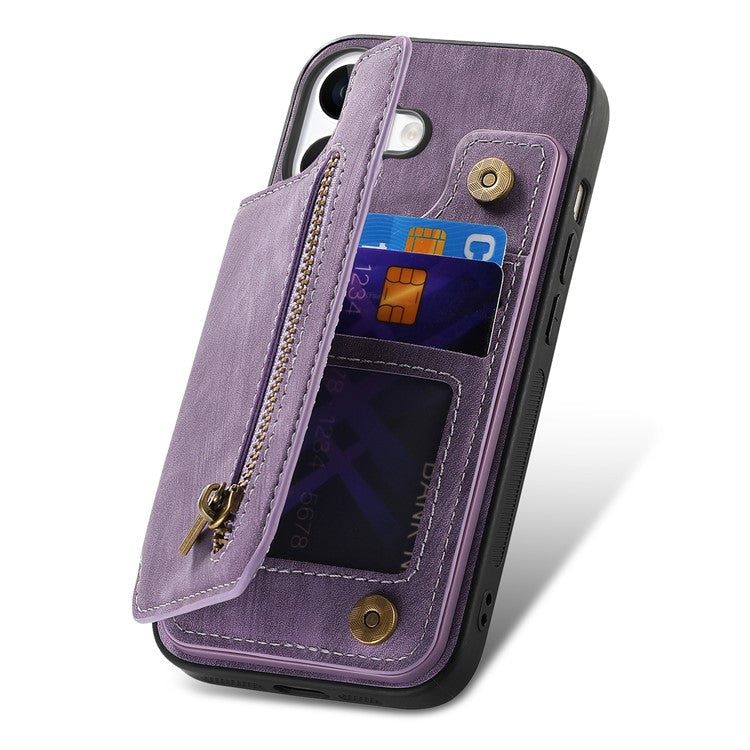 For iPhone 16 Case with Zipper Card Holder Leather+TPU Phone Cover - Purple
