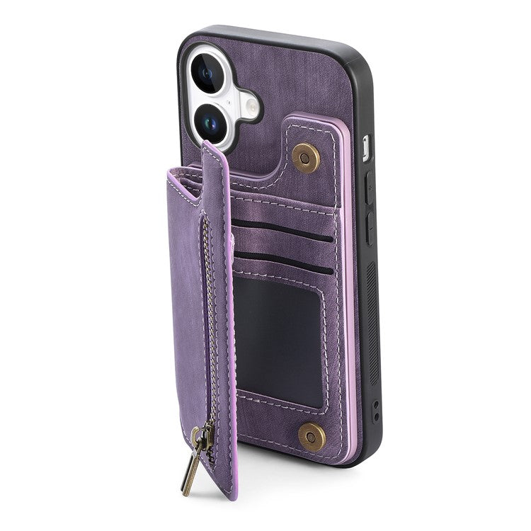 For iPhone 16 Case with Zipper Card Holder Leather+TPU Phone Cover - Purple