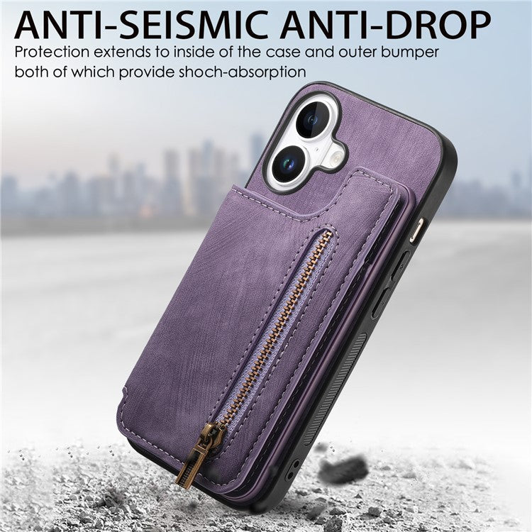 For iPhone 16 Case with Zipper Card Holder Leather+TPU Phone Cover - Purple
