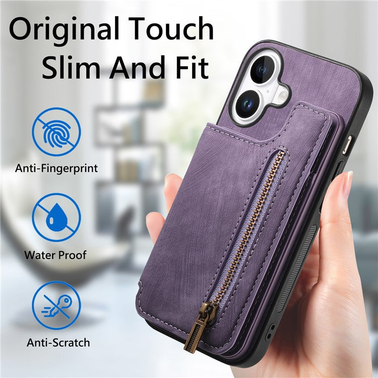 For iPhone 16 Case with Zipper Card Holder Leather+TPU Phone Cover - Purple