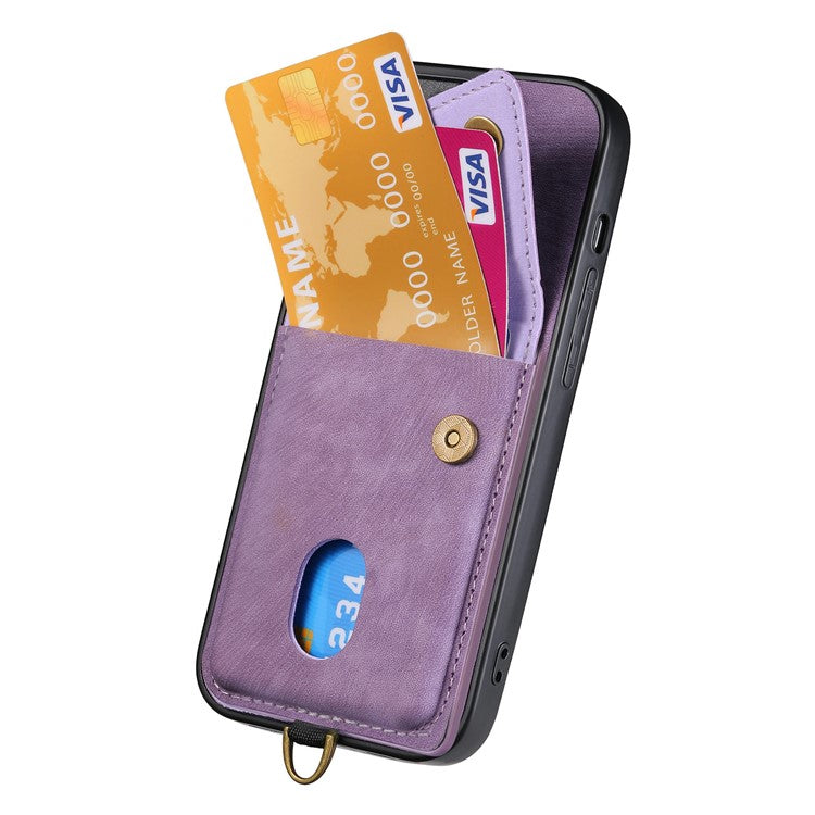 For iPhone 16 Pro Case with Card Slot Kickstand Leather TPU Phone Cover - Purple