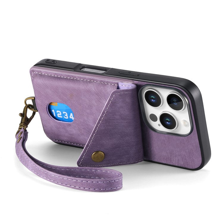 For iPhone 16 Pro Case with Card Slot Kickstand Leather TPU Phone Cover - Purple