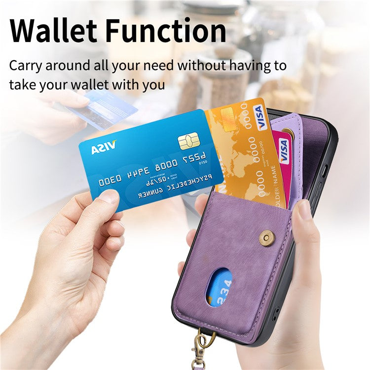 For iPhone 16 Pro Case with Card Slot Kickstand Leather TPU Phone Cover - Purple