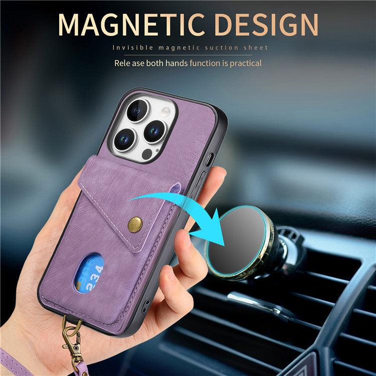 For iPhone 16 Pro Case with Card Slot Kickstand Leather TPU Phone Cover - Purple