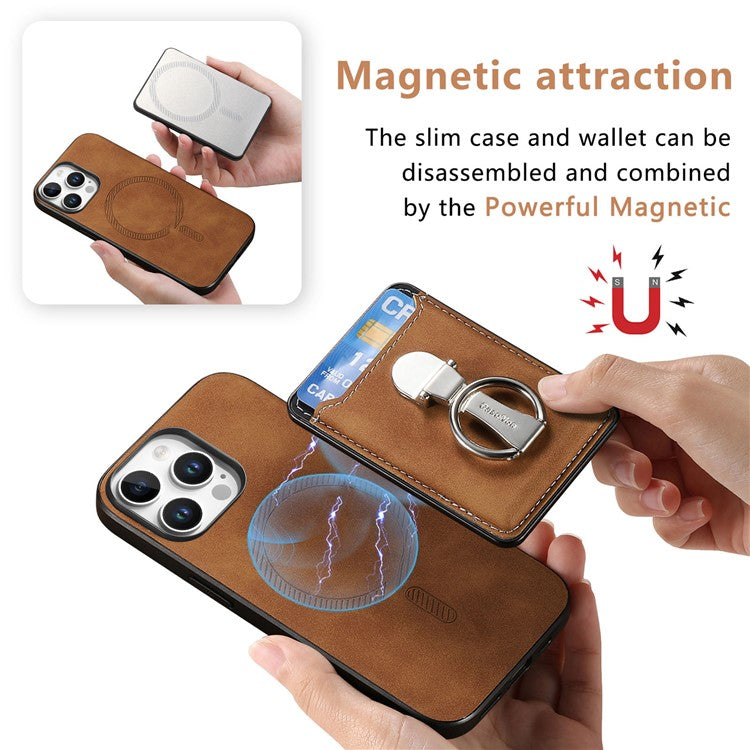 For iPhone 16 Pro Case Compatible with MagSafe Skin-Touch Cover with Card Bag Kickstand - Brown