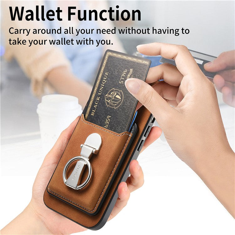 For iPhone 16 Pro Case Compatible with MagSafe Skin-Touch Cover with Card Bag Kickstand - Brown