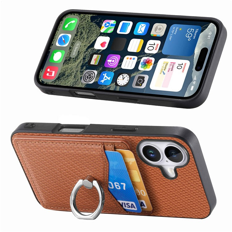 For iPhone 16 Plus Case Card Slots Ring Holder Kickstand Phone Cover - Brown